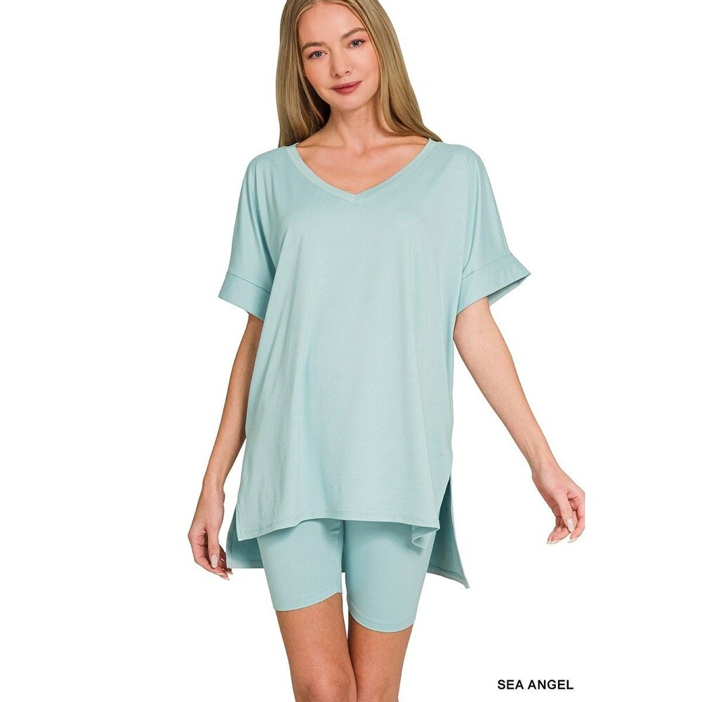 Zenana Brushed DTY Microfiber V-Neck Top & Biker Shorts Sea Angel NEW‎